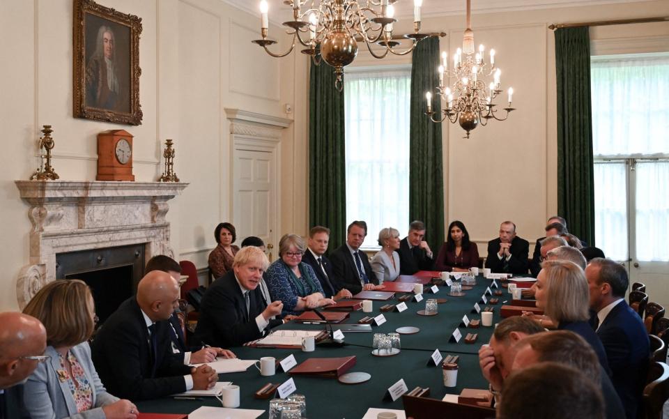 Boris Johnson addresses his Cabinet in No 10 this morning  - Justin Tallis/AFP