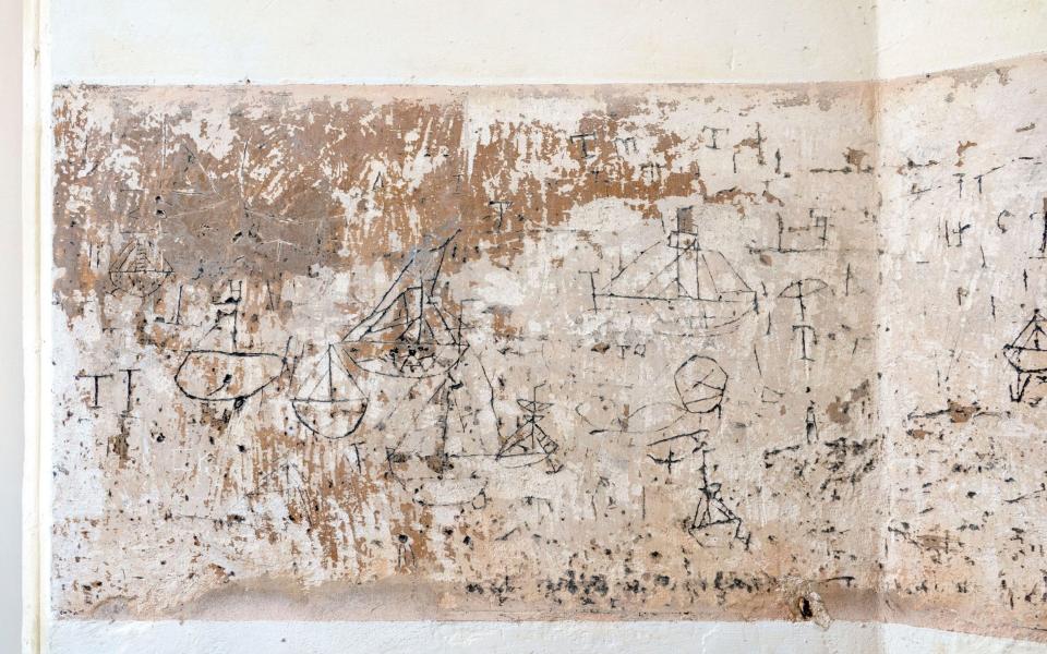 Graffiti images of ships etched onto the wall of St Michael's Church, Tunstall, Suffolk, 17th/18th century