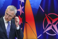 FILE - NATO Secretary General Jens Stoltenberg speaks during a media conference at NATO headquarters in Brussels, Wednesday, May 25, 2022. Seven decades after it was founded, the North Atlantic Treaty Organization is meeting in Madrid on June 29 and 30, 2022 with an urgent need to reassert its original mission: preventing Russian aggression against Western allies. (AP Photo/Olivier Matthys, File)