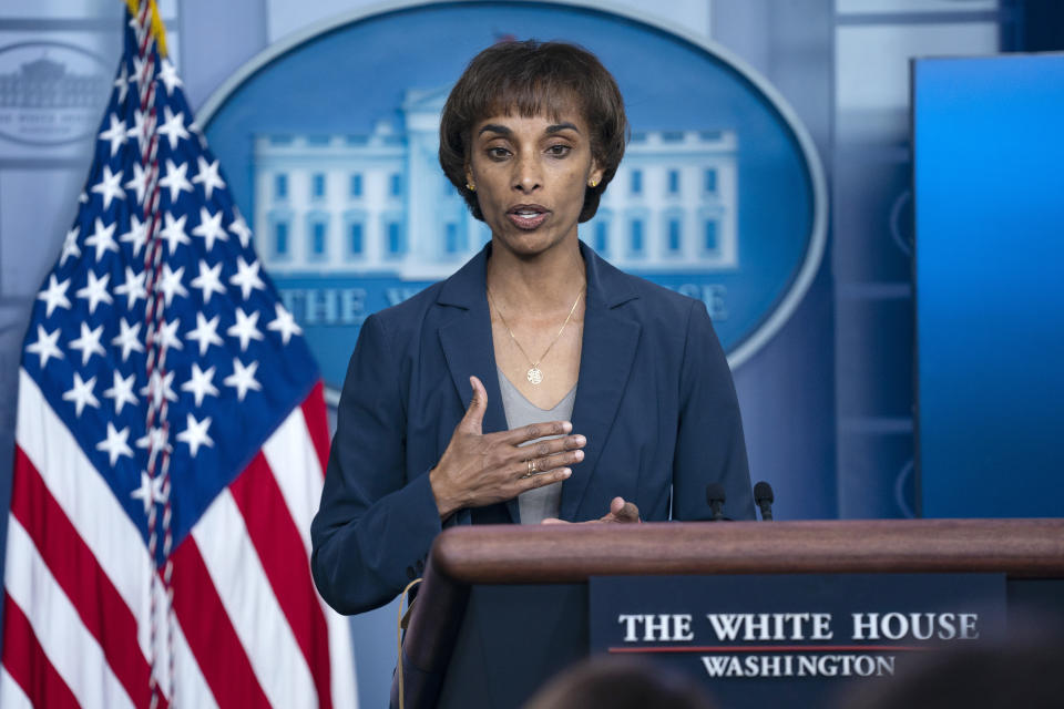 FILE - Council of Economic Advisers chairwoman Cecilia Rouse speaks during a briefing at the White House, Friday, May 14, 2021, in Washington. Six Black members of President Joe Biden's Cabinet will be meeting for a Black History Month event Thursday highlighting their roles in the administration, some of which are historic firsts. (AP Photo/Evan Vucci, File)