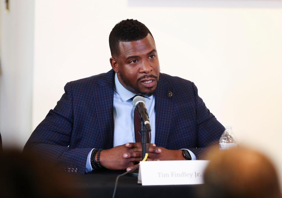 Kingdom Fellowship Christian Life Center Pastor Tim Findley Jr. made comments during the Democratic primary mayoral debate at the Simmons College of Kentucky in Louisville, Ky. on April 12, 2022.  