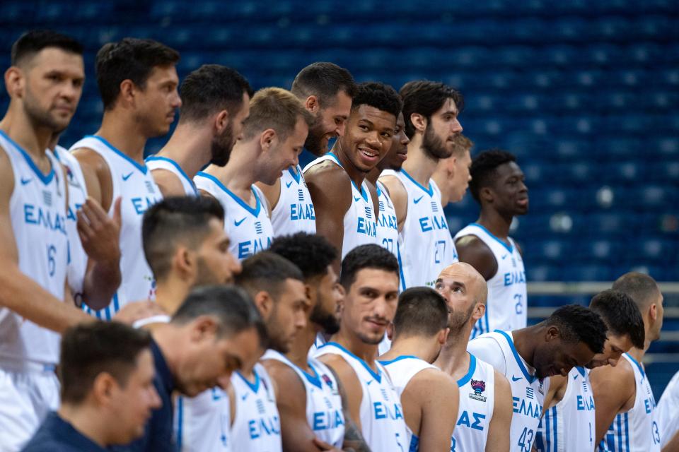 Bucks star Giannis Antetokounmpo is all smiles during a photo shoot of the Greek National team ahead of the FIBA Eurobasket 2022 event, which started Thursday.