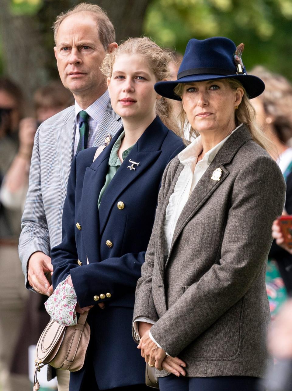 Prince Edward, Earl of Wessex and Sophie, Countess of Wessex with Lady Louise Windsor watch the Carriage Driving during the Royal Windsor Horse Show 2021 at Windsor Castle on July 3, 2021 in Windsor, England.