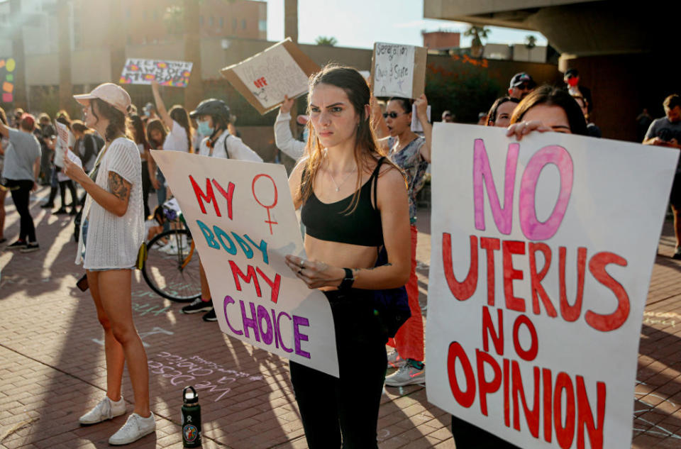 Protesters chant during a pro-choice rally in Tucson, Arizona, on Monday, July 4, 2022. (Photo by SANDY HUFFAKER/AFP via Getty Images)