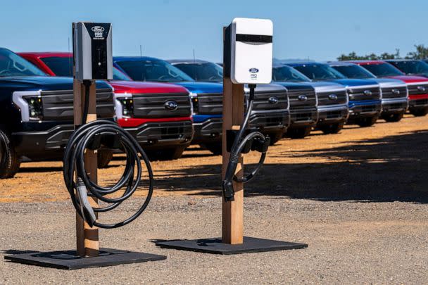 PHOTO: Ford electric vehicle chargers during a media event at Vino Farms in Healdsburg, Calif., May 20, 2022.  (Bloomberg via Getty Images, FILE)