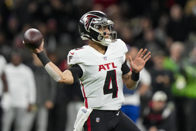 Atlanta Falcons quarterback Desmond Ridder (4) lines up during the second  half of an NFL football game against the Jacksonville Jaguars, Saturday,  Aug. 27, 2022, in Atlanta. The Atlanta Falcons won 28-12. (