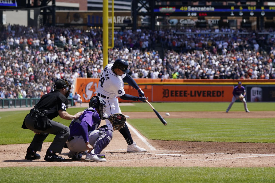 FILE - Detroit Tigers designated hitter Miguel Cabrera connects for his 3,000th hit during the first inning of the first baseball game of a doubleheader against the Colorado Rockies, April 23, 2022, in Detroit. Cabrera, one of the greatest hitters of all time, is retiring after the Tigers wrap up their season Sunday, Oct. 1, 2023, and baseball’s last Triple Crown winner is leaving a lasting legacy in the game and his native Venezuela. (AP Photo/Carlos Osorio, File)