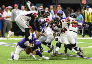 Eric Wilson #50 of the Minnesota Vikings blocks the punt of Matt Bosher #5 of the Atlanta Falcons in the first quarter of the game at U.S. Bank Stadium on September 8, 2019 in Minneapolis, Minnesota. The Vikings recovered the ball on the play. (Photo by Stephen Maturen/Getty Images)