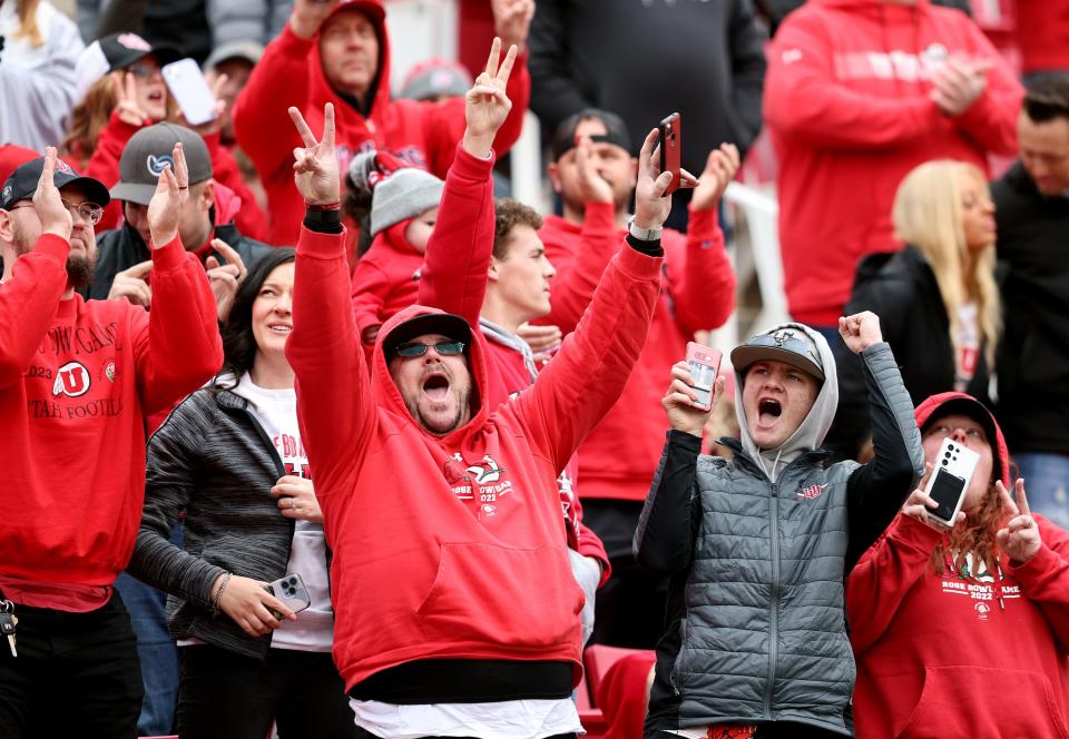 Fans cheer at the beginning of the fourth quarter of play as The University of Utah football team plays in the 22 Forever Game at Rice Eccles Stadium in Salt Lake City on Saturday, April 22, 2023. the white team won 38-28 over red. | Scott G Winterton, Deseret News