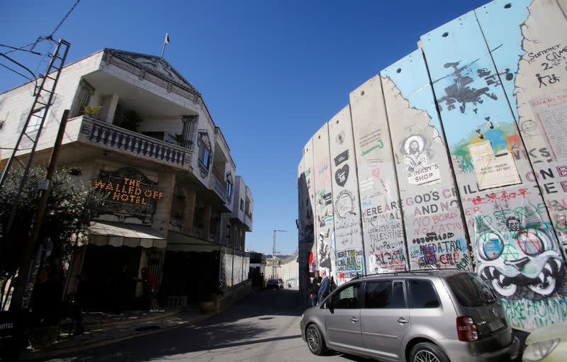 View shows the Walled Off hotel and a section of the Israeli barrier in Bethlehem in the Israeli-occupied West Bank