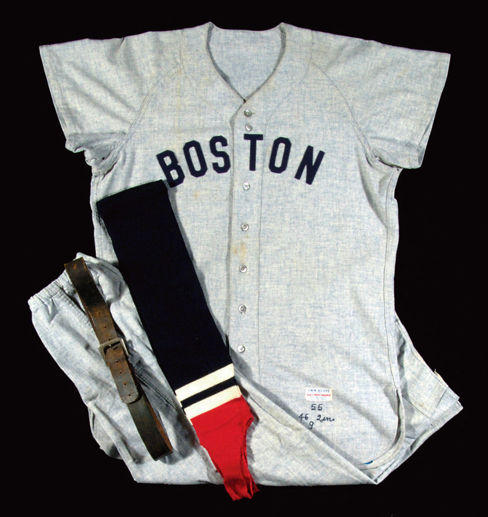Ted Williams’ 1955 Boston Red Sox professional model road jersey is worth an estimated $75,000 to $100,000. The grey flannel jersey displays its original "Boston" team name across the front and #9 on the reverse.
