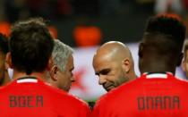 Manchester United's Jose Mourinho speaks with Ajax Dutch head coach Peter Bosz after their UEFA Europa League final on May 24, 2017 at the Friends Arena in Solna outside Stockholm