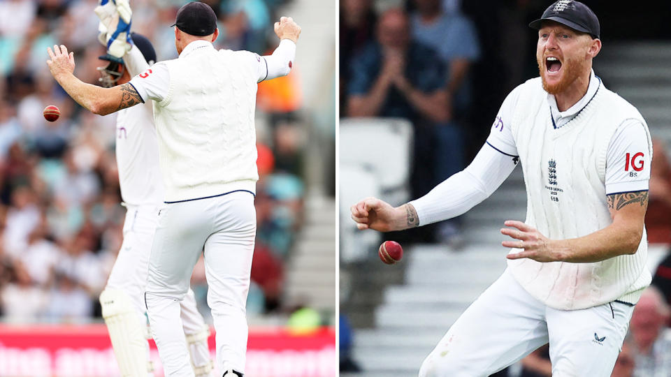 Ben Stokes, pictured here dropping the ball as he was throwing it up in celebration.