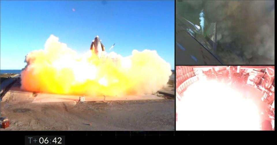 美國太空探索科技公司(SpaceX)的未來火箭「星艦」(Starship)原型，9日測試，雖然成功發射，但在試圖著陸時爆炸。 (圖:翻拍SpaceX影片)