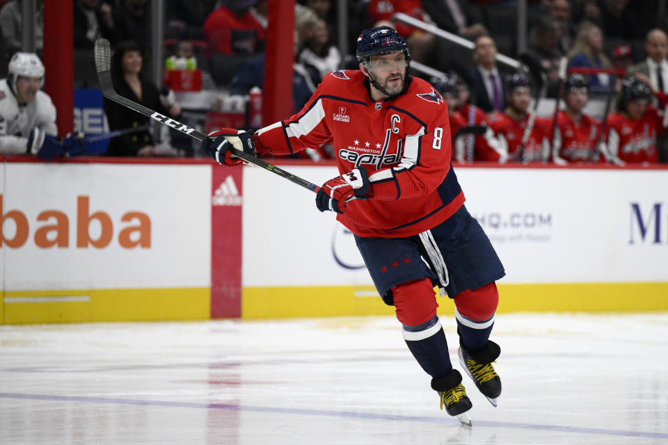 Washington Capitals left wing Alex Ovechkin skates during the second period of the team's NHL hockey game against the Toronto Maple Leafs, Tuesday, Oct. 24, 2023, in Washington. (AP Photo/Nick Wass)