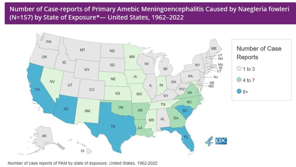 The number of cases of primary amebic meningoencephalitis in the U.S. between 1962 and 2022.