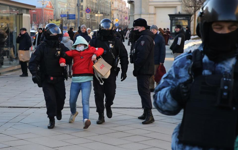 <div class="inline-image__caption"><p>Police officers detain a woman during an unsanctioned protest rally over Putin's invasion of Ukraine at the Pushkinskaya Square on Feb. 27 in Moscow.</p></div> <div class="inline-image__credit">Konstantin Zavrazhin/Getty</div>