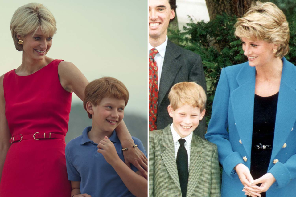Prince Diana and Harry portrayed in The Crown and Harry with his mother at Eton in 1995 (Netflix/PA)