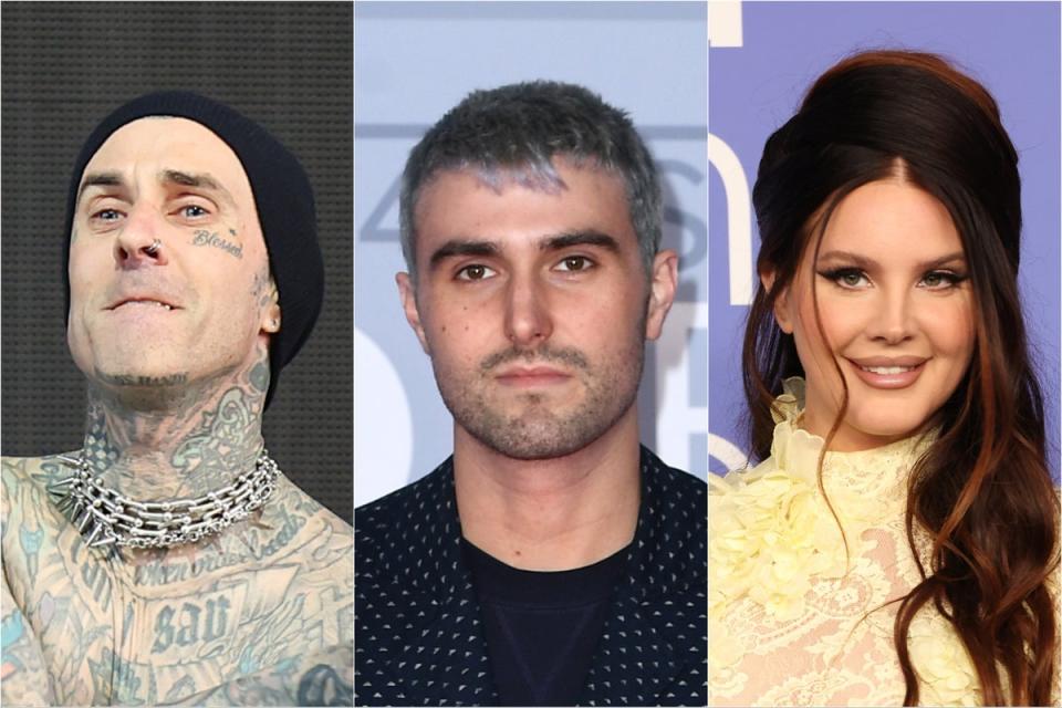 Reading and Leeds headliners (from left) Travis Barker of Blink-182, Fred Again and Lana Del Rey (Getty Images)