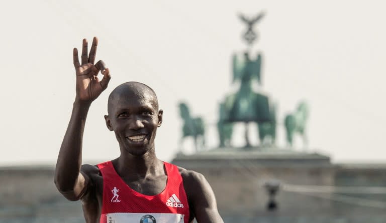 Kenya's Wilson Kipsang celebrates after finishing second in the Berlin Marathon on September 25, 2016