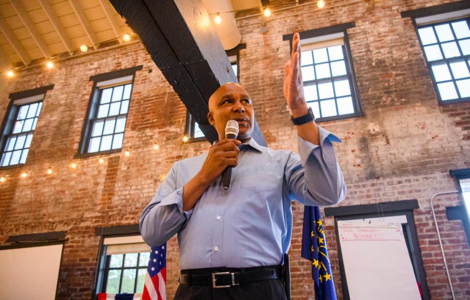 Monroe County sheriff Democratic nominee Ruben Marte speaks to attendees at the Democratic watch party at The Mill on Tuesday, May 3, 2022.