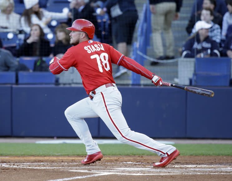 Philadelphia Phillies' Brock Stassi bats against the New York Yankees in a spring training baseball game, Wednesday, March 15, 2017, in Tampa, Fla. (AP Photo/John Raoux)