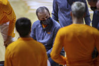 Tennessee head coach Rick Barnes talks to his team during a timeout during an NCAA college basketball game against Tennessee Tech, Friday, Dec. 18, 2020, in Knoxville, Tenn. (Randy Sartin/USA TODAY Sports via AP, Pool)