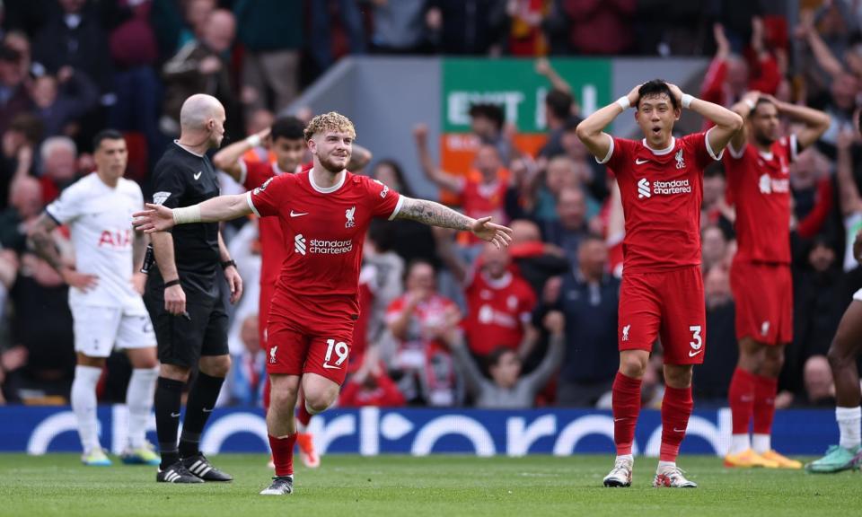 <span>Harvey Elliott’s Liverpool teammates look stunned after the midfielder’s superb strike from distance.</span><span>Photograph: Adam Vaughan/EPA</span>