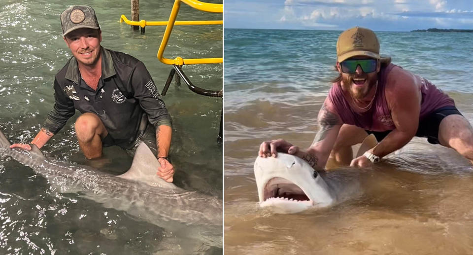 Alex (left) and his mate Anthony (right) have been catching sharks for about two years and share their antics on social media. Source: Supplied