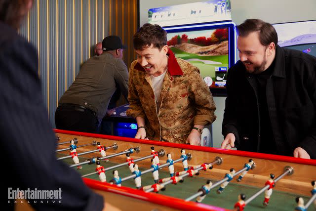 <p>Mary Kang/Netflix</p> Alex Sharp and John Bradley play foosball at Austin's Punch Bowl Social