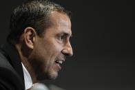 Luke Fickell speaks after being introduced as Wisconsin's new head football coach Monday, Nov. 28, 2022, in Madison, Wis. (AP Photo/Morry Gash)