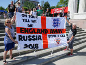 Soccer Football - FIFA World Cup - Group G - Tunisia v England - Volgograd, Russia - June 17, 2018 - Supporters of England soccer team gather at a fan fest zone. REUTERS/Gleb Garanich