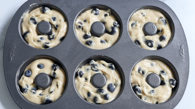 blueberry batter in donut pan