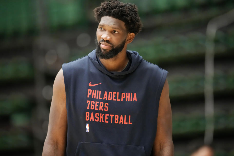 Philadelphia 76ers center Joel Embiid looks on during the NBA basketball team's practice on Thursday, Oct. 5, 2023, in Fort Collins, Colo. (AP Photo/David Zalubowski)