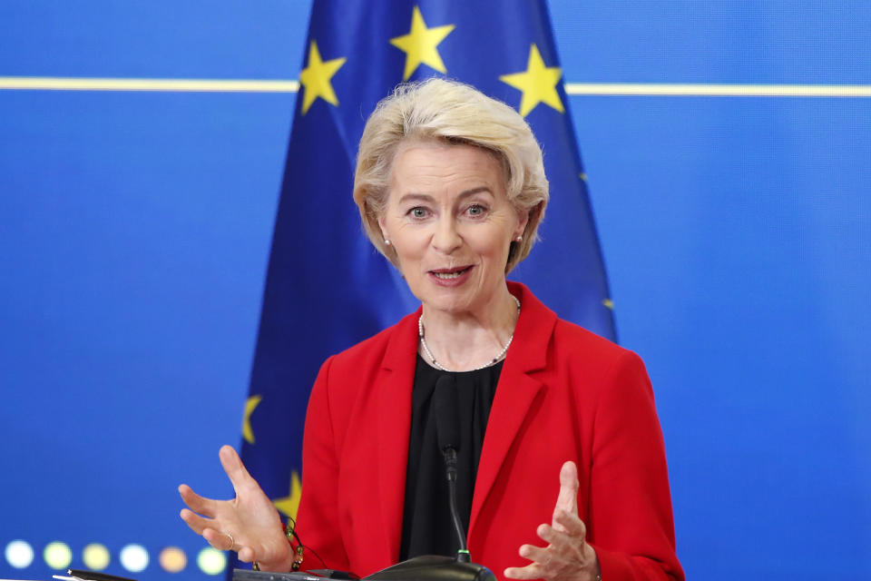 European Commission President Ursula von der Leyen speaks to the media during a joint news conference with North Macedonia's Prime Minister Dimitar Kovacevski, at the Government building in Skopje, North Macedonia, on Monday, Oct. 30, 2023. The President of the European Commission, Ursula von der Leyen started her four-day visit to the Western Balkans in North Macedonia, a tour that includes Kosovo, Montenegro, Serbia, and Bosnia and Herzegovina. (AP Photo/Boris Grdanoski)