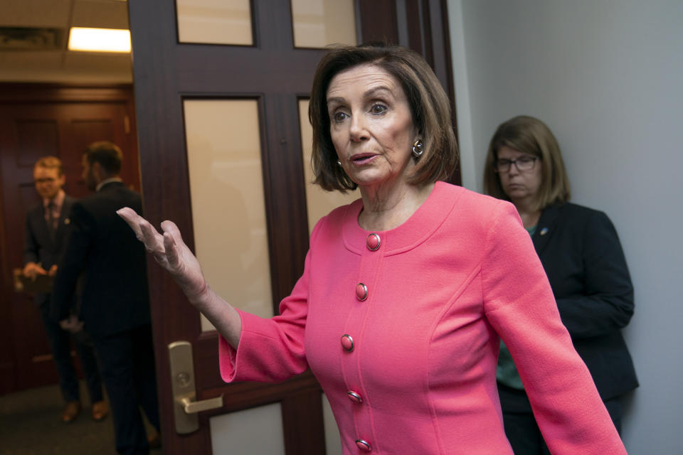 Speaker of the House Nancy Pelosi, D-Calif., arrives for a closed-door meeting with her Democratic Caucus prior to a vote that would would authorize lawsuits against Attorney General William Barr and former White House counsel Don McGahn for defying subpoenas pertaining to special counsel Robert Mueller's report, at the Capitol in Washington, Tuesday, June 11, 2019. Barr and McGahn defied the subpoenas on orders from President Donald Trump. (AP Photo/J. Scott Applewhite)