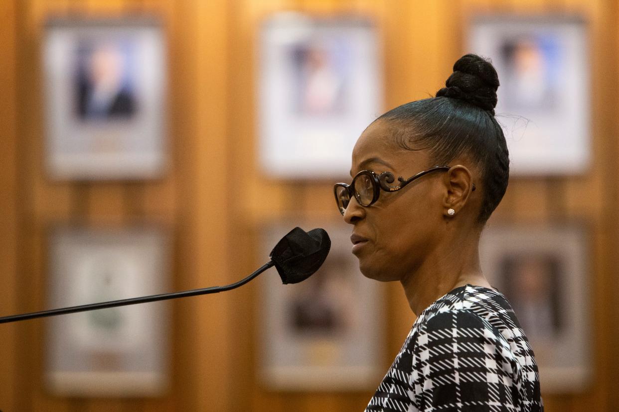 Shelby County Clerk Wanda Halbert speaks during a Shelby County Board of Commissioners budget committee meeting in Downtown Memphis, on Wednesday, May 1, 2024.