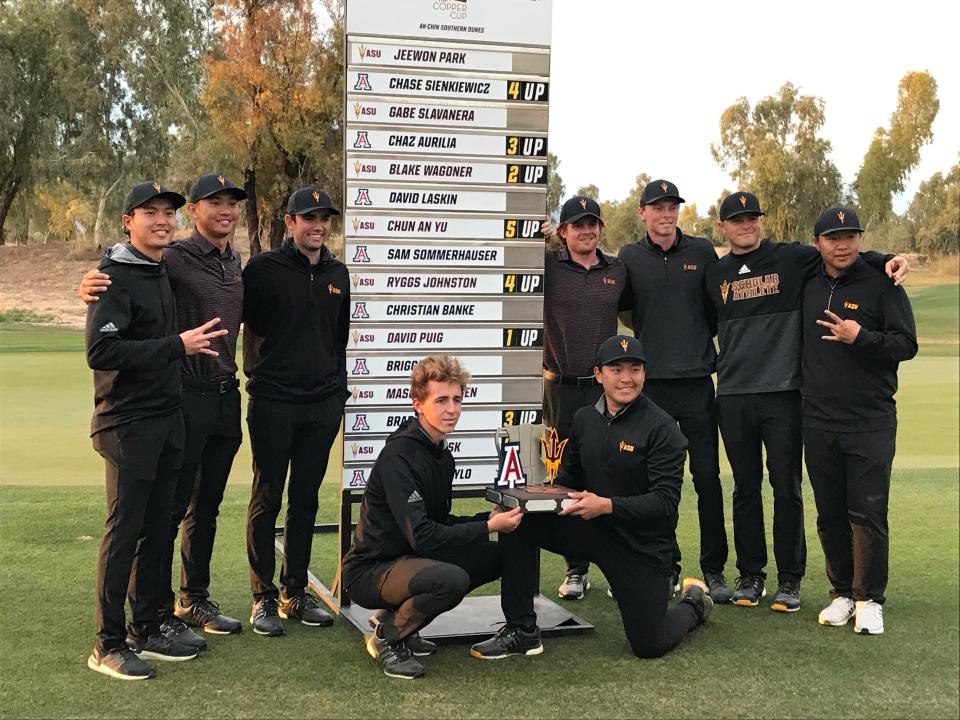 ASU men's golf, ranked No. 1 preseason by Golf Channel, edged No. 18 Arizona by a point to win the inaugural Copper Cup in 2021.