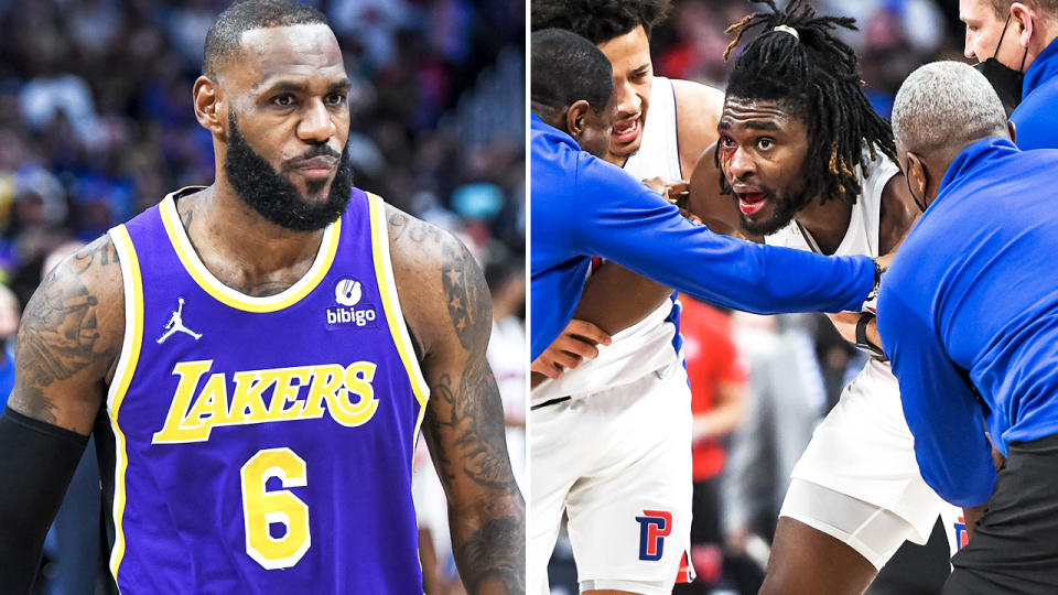 LeBron James and Isaiah Stewart, pictured here after the wild melee.