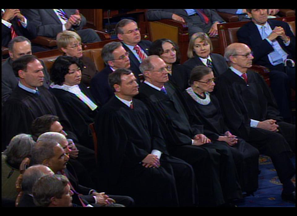 President Obama, in his 2010 State of the Union address, accused the Supreme Court of allowing special interests -- including foreign corporations -- to spend without limit in American elections.     The Supreme Court Justices, sitting right in front of the president, all stared in silence except Justice Samuel Alitio, who could be seen shaking his heads and mouthing "not true."     Watch the video <a href="http://www.youtube.com/watch?v=k92SerxLWtc" target="_hplink">here</a>.