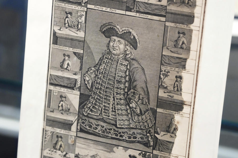 An engraving featuring magician Matthias Buchinger, from the Ricky Jay Collection is displayed at Sotheby's on Friday, Oct. 22, 2021, in New York. The widow of the sleight-of-hand artist, card shark, author, actor and scholar turned over nearly 2,000 curiosities Jay collected to Sotheby's for an unusual auction. Divided into 634 lots, it's the focus of a live auction Wednesday and Thursday. (Photo by Charles Sykes/Invision/AP)