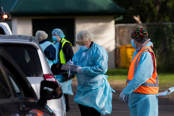 Tests are carried out at a pop-up COVID-19 testing clinic at Victoria Park in Picton in Sydney, Australia.