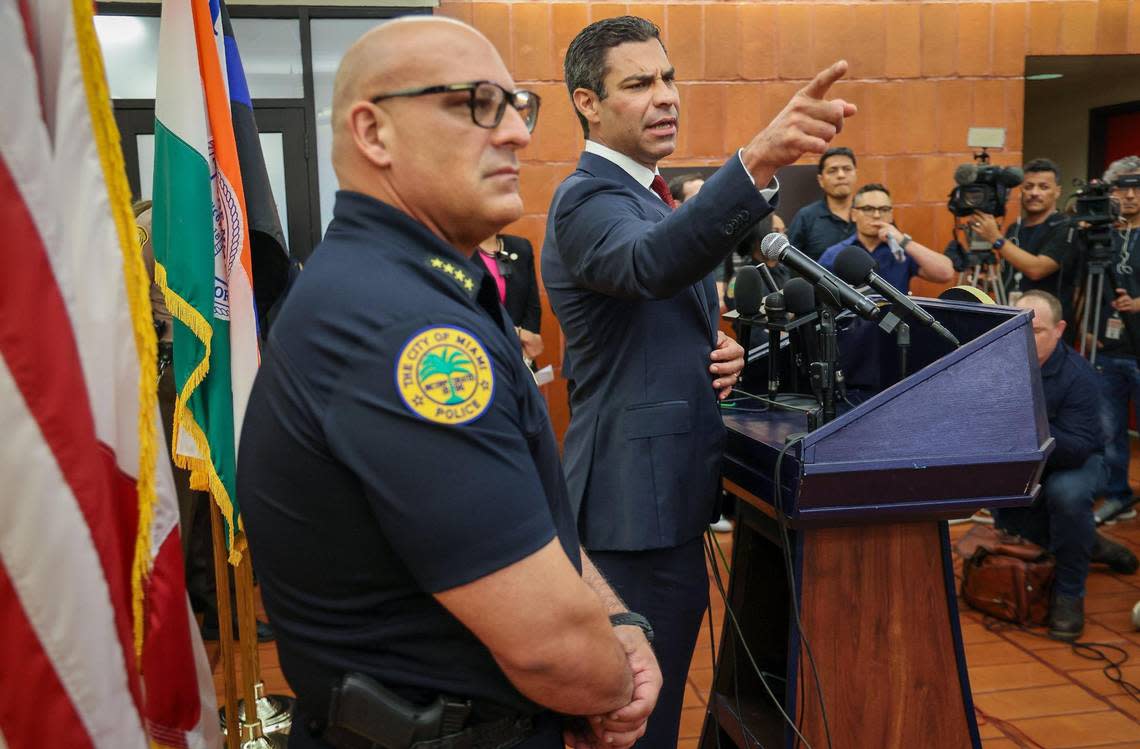 Mayor Francis Suarez and Miami Police Chief Manuel Morales take questions from reporters Monday regarding security around former President Donald Trump’s arraignment.