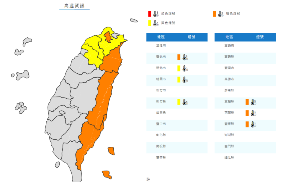 氣象局今凌也對7縣市發出高溫警訊。（翻攝自氣象局官網）