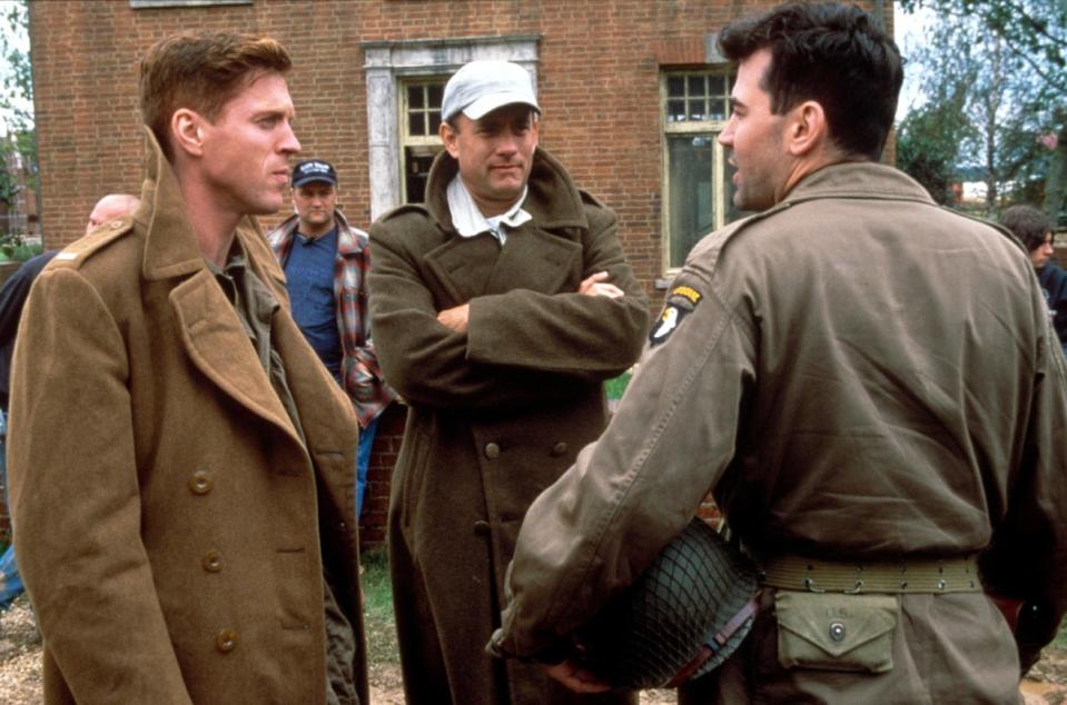 Damian Lewis, Tom Hanks and Ron Livingston on the set of ‘Band of Brothers' (Shutterstock)