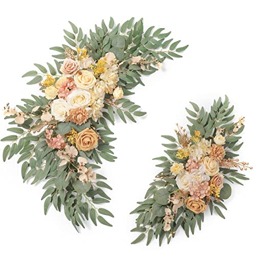 YYHUAWU Artificial Wedding Arch Flower Swag Set of 2 for DIY Champagne Pink Rose Flower Arch Decor and Welcome Sign Arrangements Party Floral Backdrop Decoration