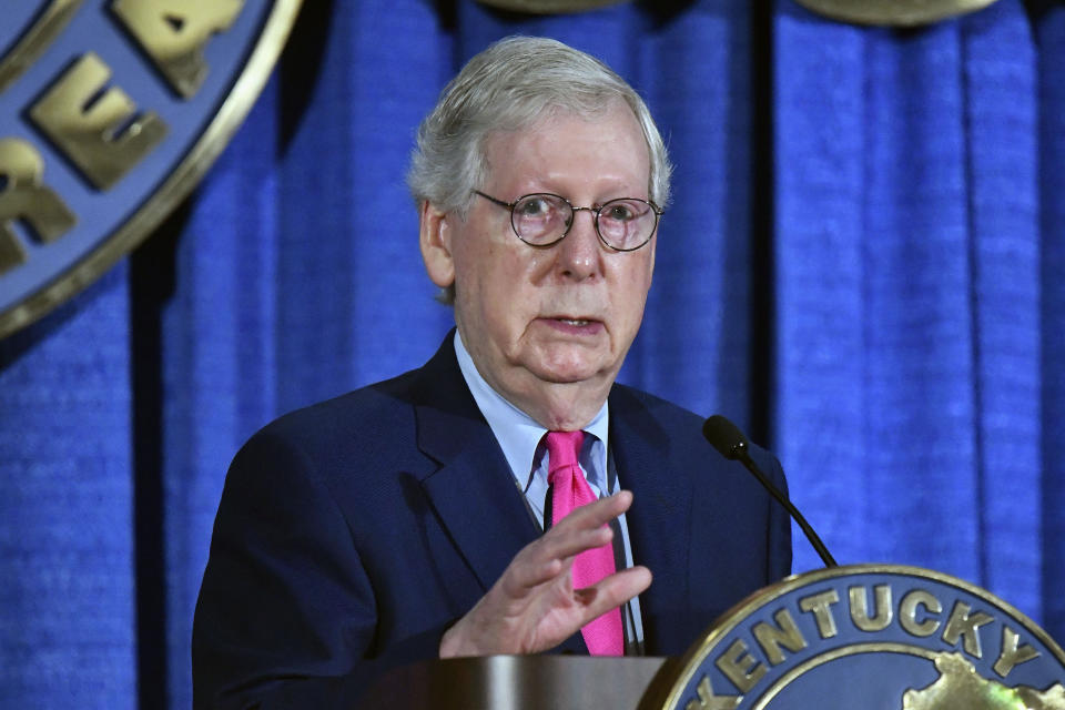 Senate Minority Leader Mitch McConnell of Ky. addresses the audience at the Kentucky Farm Bureau Ham Breakfast at the Kentucky State Fair in Louisville, Ky., Thursday, Aug. 25, 2022. (AP Photo/Timothy D. Easley)