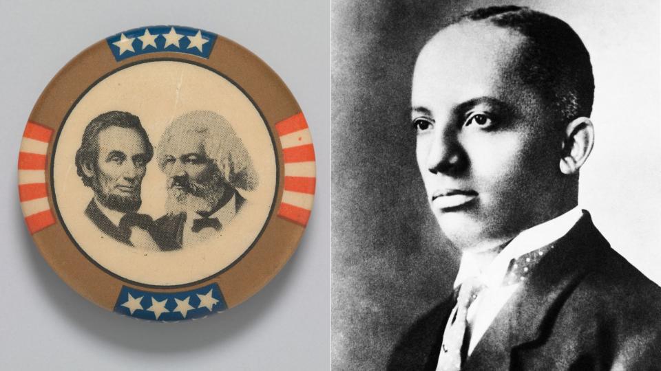 A pin featuring Abraham Lincoln and Frederick Douglass, who both have birthdays that fall during Black History Month. To the right, a photo of Carter G. Woodson, who’s known as “The Father of Black History Month.”