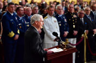 <p>United States Senator Mitch Mcconnell speaks on the first day the casket of former Senator John McCain in the Capitol Rotunda will lie in state at the U.S. Capitol, in Washington, D.C. on Friday, Aug. 31, 2018. (Photo: Kevin Dietsch/Pool via Reuters) </p>