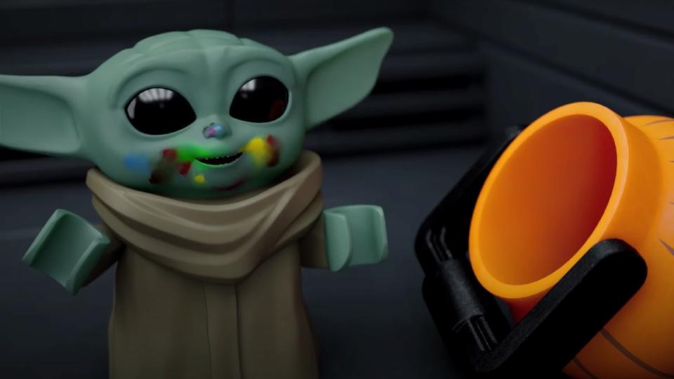 Grogu consuming candy on Halloween in LEGO Star Wars Halloween shorts